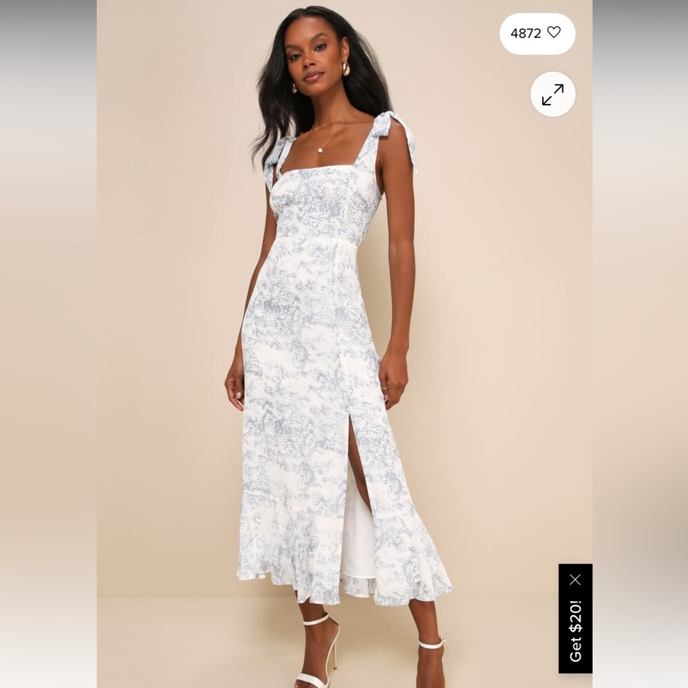 Lulus Summer Invite White and Blue Toile Tie-Strap Tiered Midi Dress